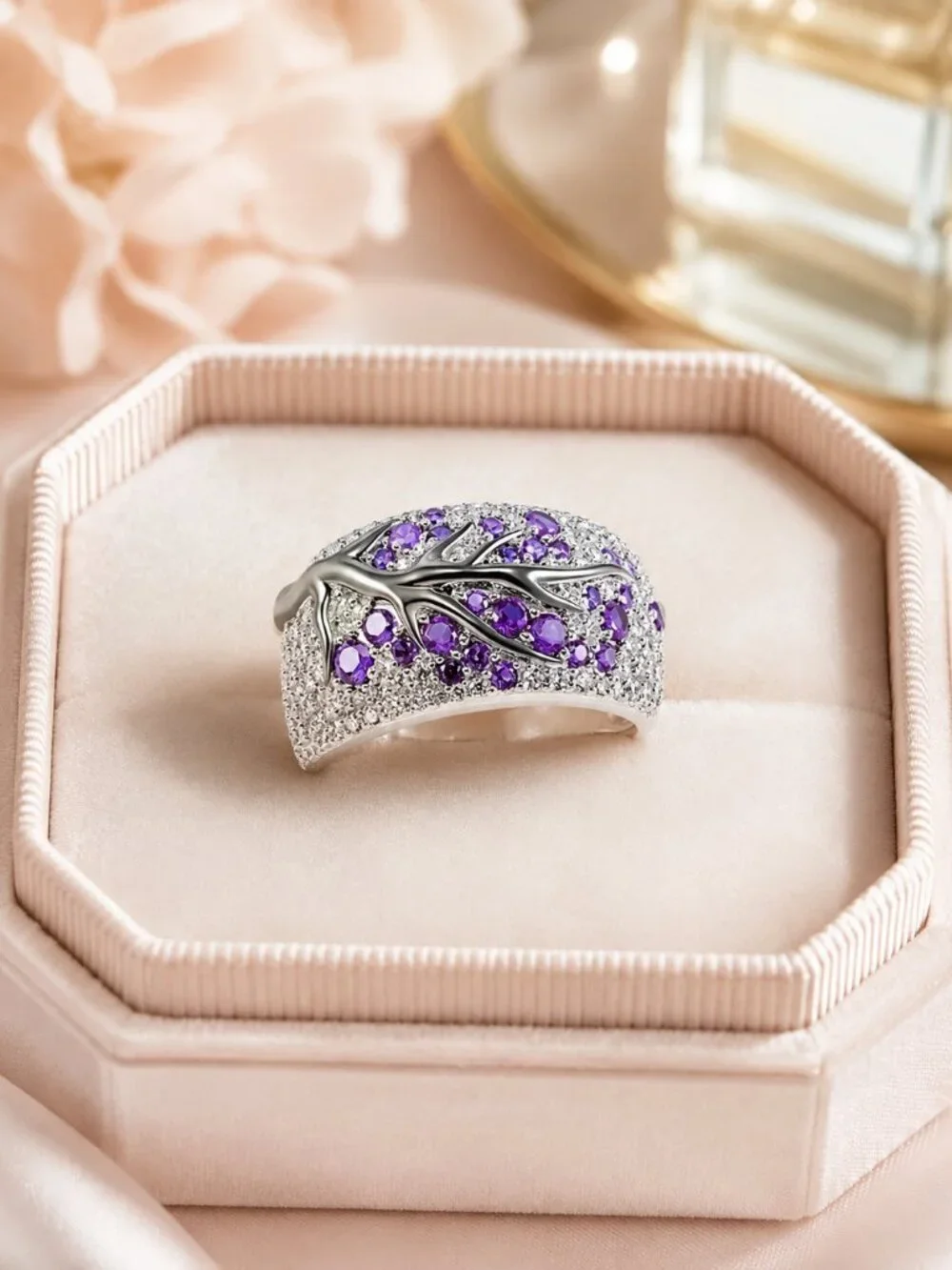 Sterling Silver Tree Branch Purple Clear CZ Statement Ring 925 SZ 7 NWT